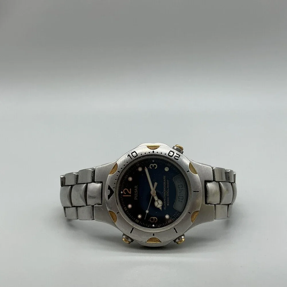 Pulsar V071-0110 Mens Watch 40mm Blue Dial Stainless Alarm Ana-Digi For Parts
